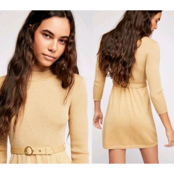 Free People Womens Medium Sweater Dress FRENCH GIRL MINI Gold Shimmer *no Belt - Picture 1 of 13